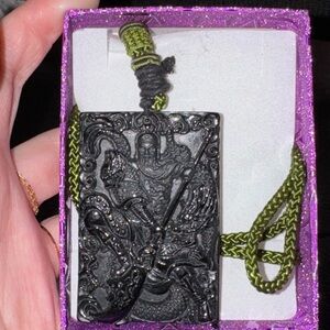 Guan gong green jade pendant necklace